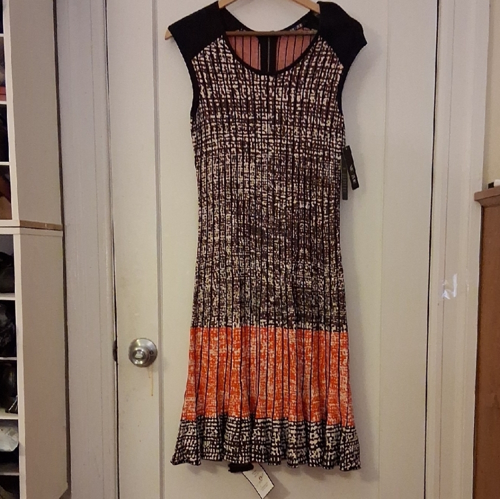 NIC+ZOE Cotton-Polyester Blend Black Beige & Orange Midi Swing Dress Stretchy S
